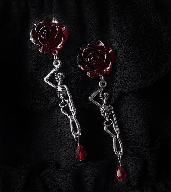 Wholesale Dark Blood Rose Skull Rose Ruby Alloy Earrings