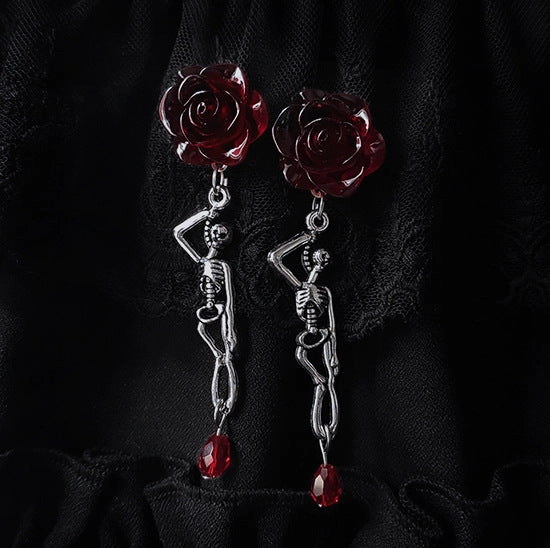 Wholesale Dark Blood Rose Skull Rose Ruby Alloy Earrings