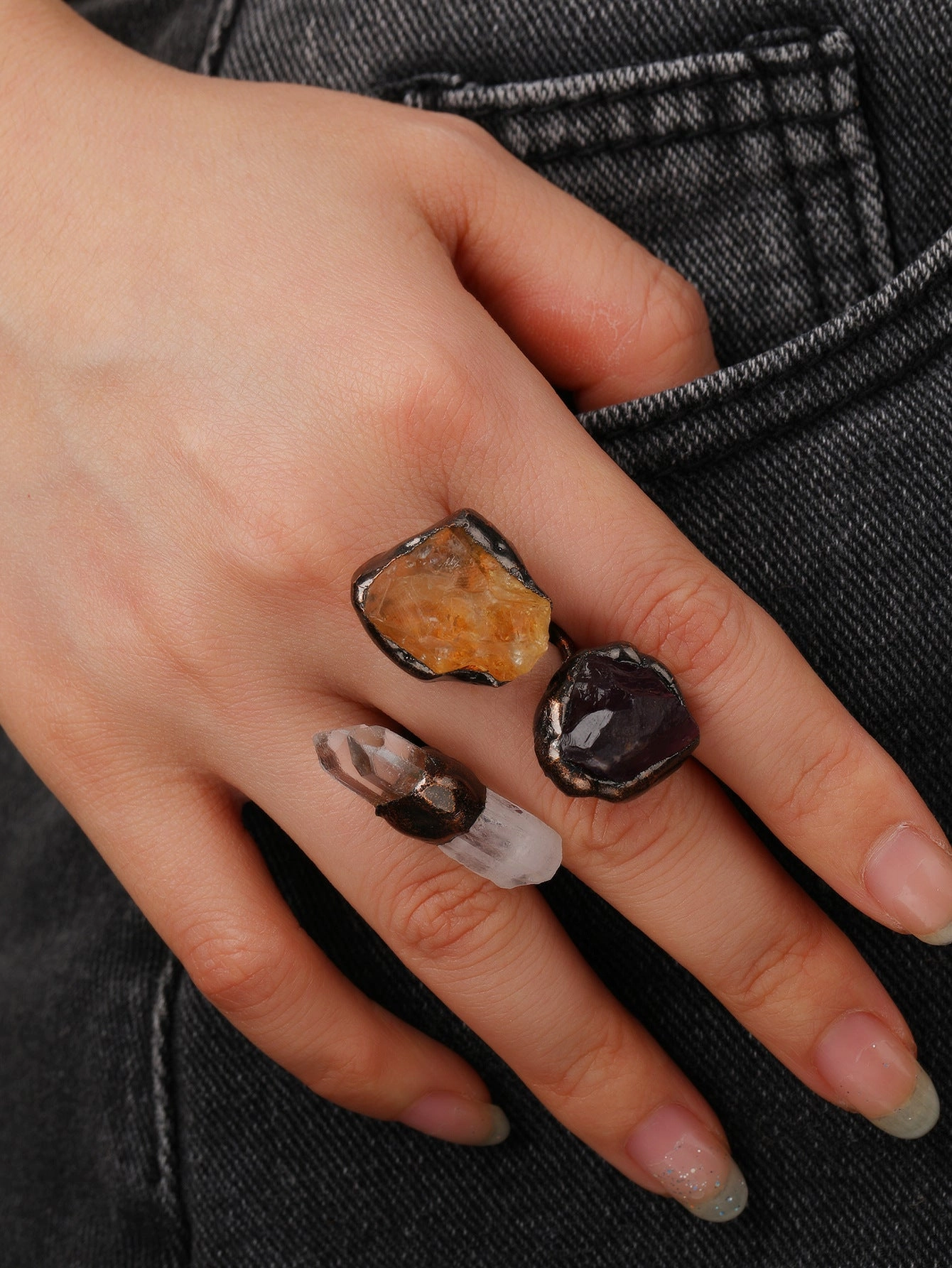 Wholesale Dark Vintage Crystal Raw Stone Ring