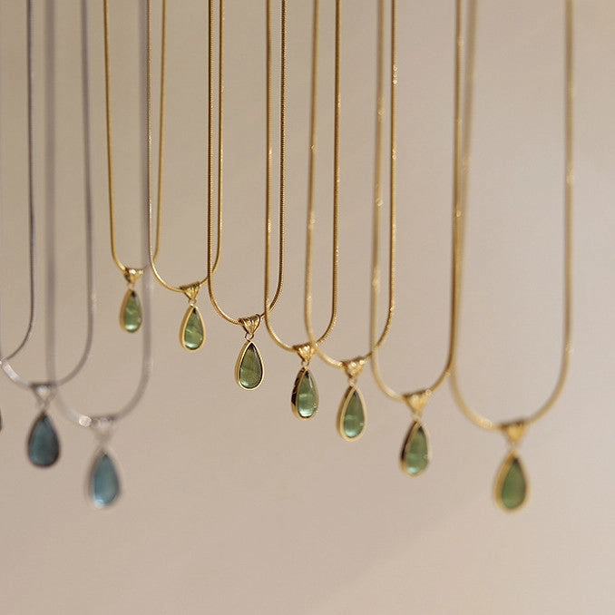 Wholesale December Birthday Stone Water Drop Titanium Steel Necklaces