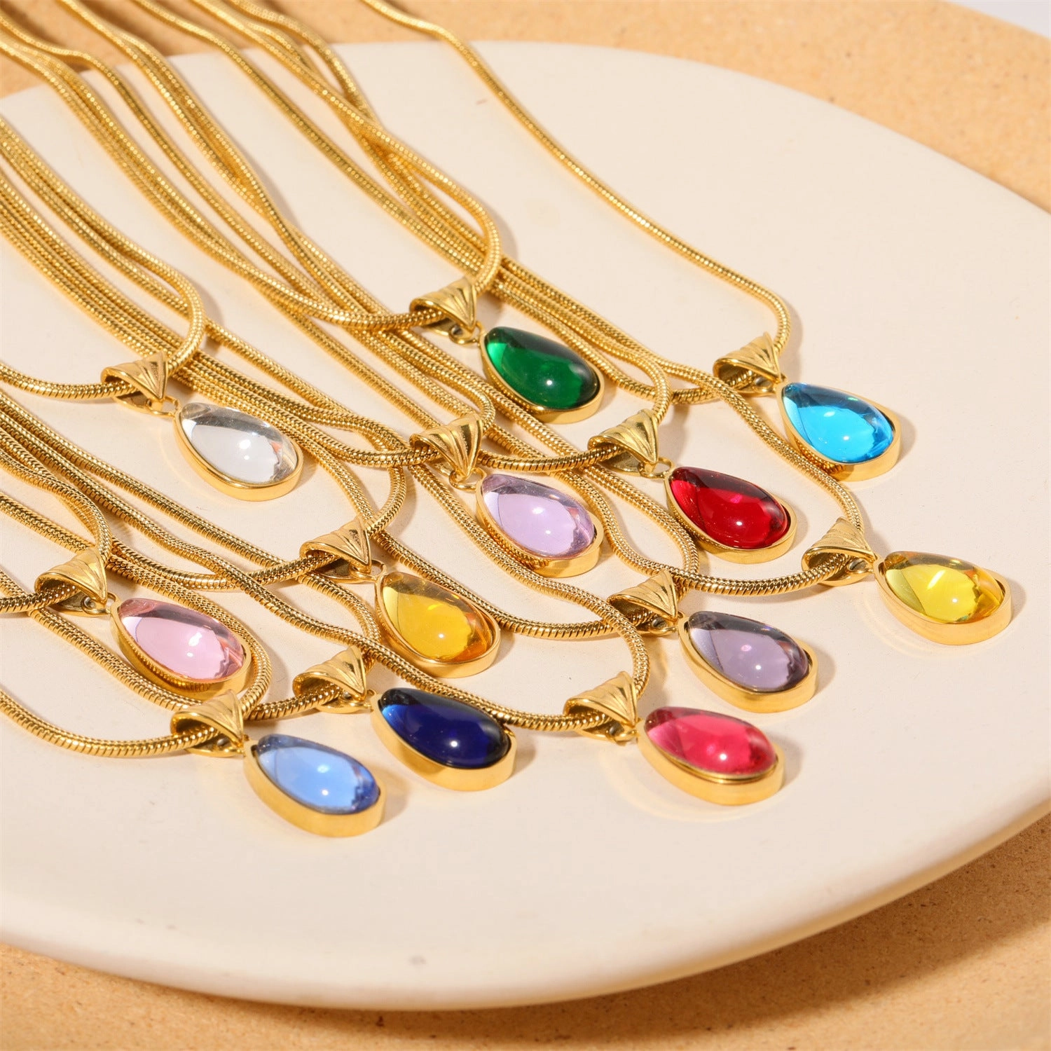 Wholesale December Birthday Stone Water Drop Titanium Steel Necklaces