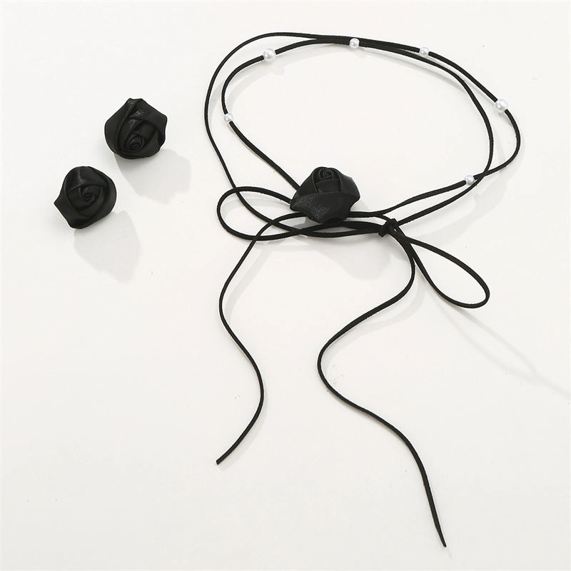 Wholesale Denim Camellia Beaded Strap Necklace Earrings Set