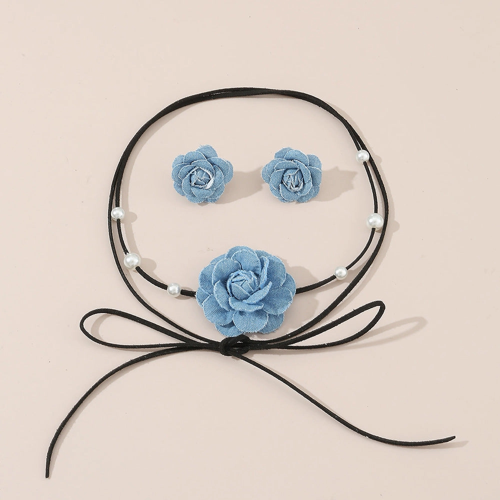 Wholesale Denim Camellia Beaded Strap Necklace Earrings Set