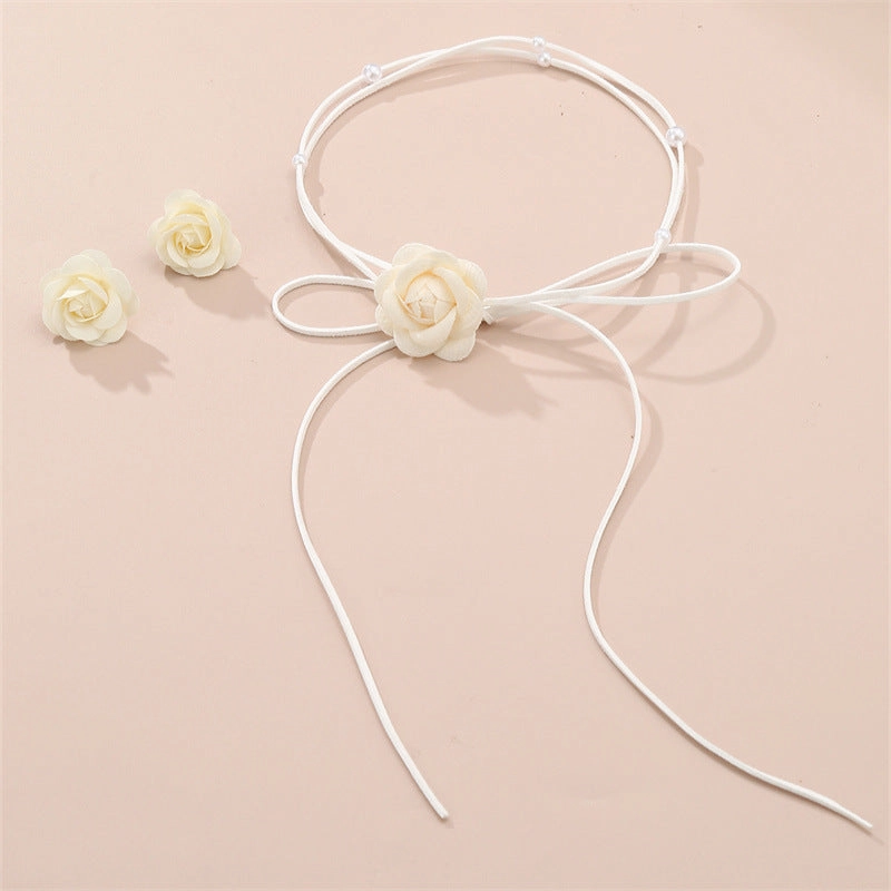 Wholesale Denim Camellia Beaded Strap Necklace Earrings Set
