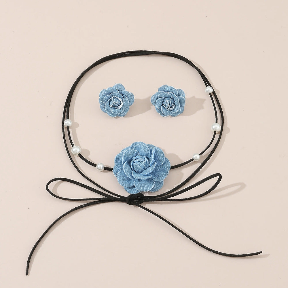 Wholesale Denim Camellia Beaded Strap Necklace Earrings Set