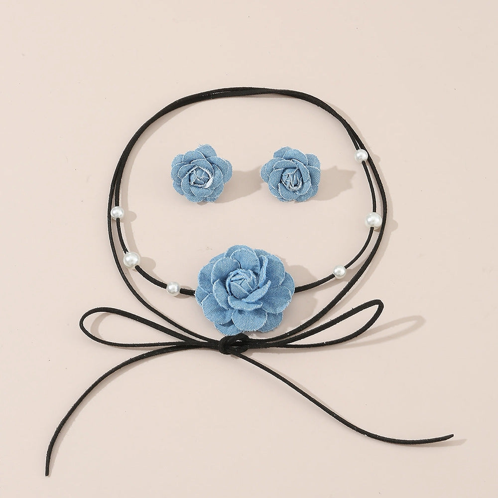 Wholesale Denim Camellia Beaded Strap Necklace Earrings Set