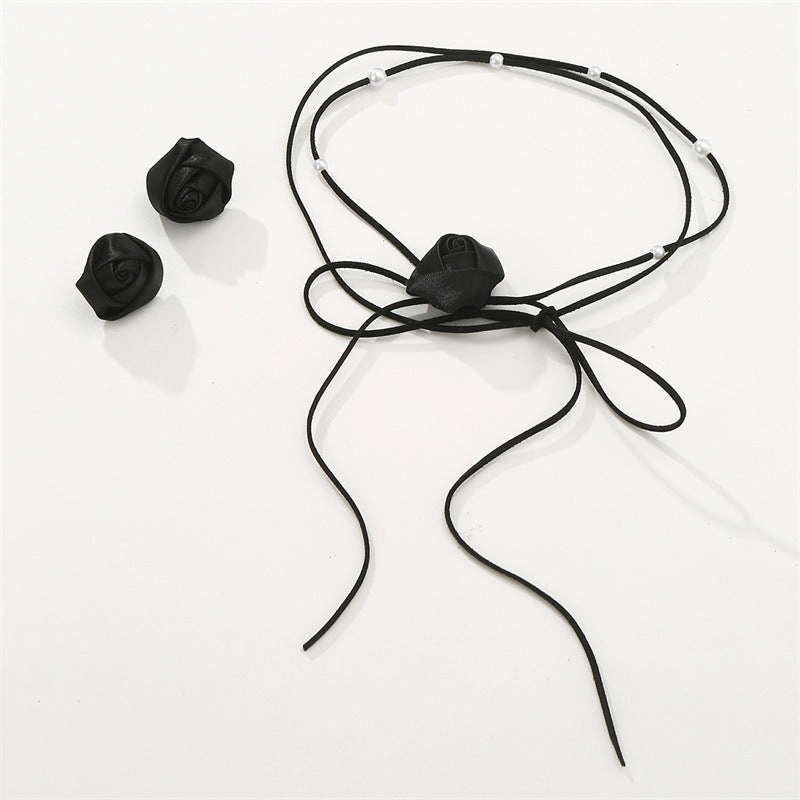 Wholesale Denim Camellia Beaded Strap Necklace Earrings Set