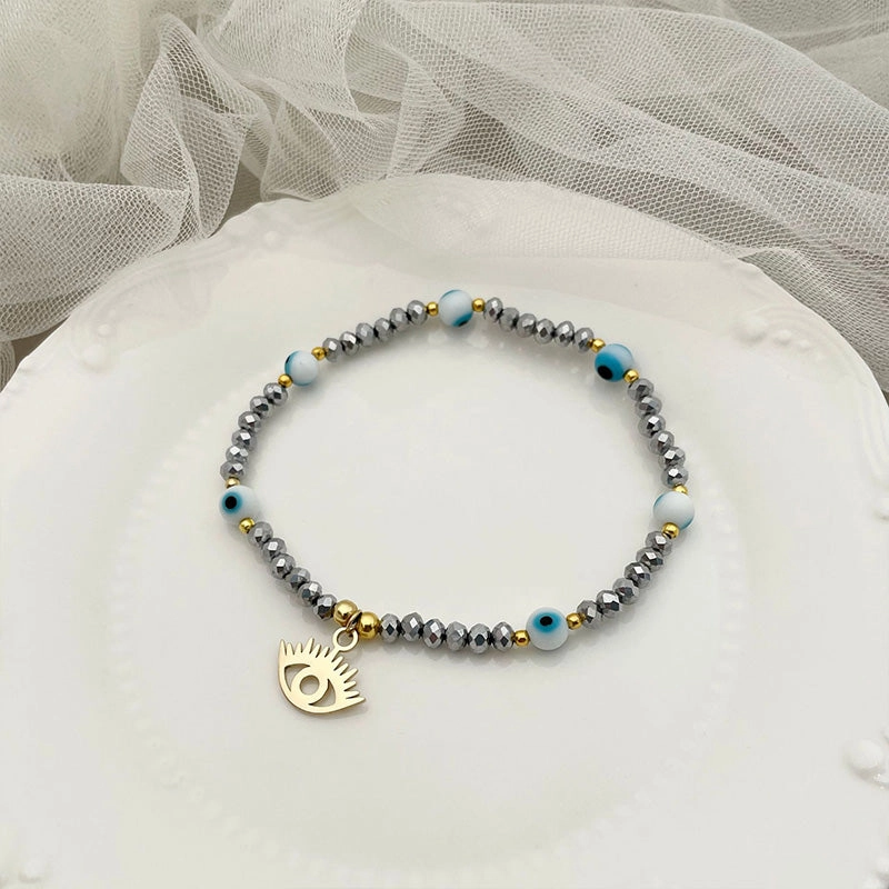 Wholesale Devil's Eye Mother of Pearl Crystal 18K Gold Titanium Steel Bracelet OLY-BT-QinL002