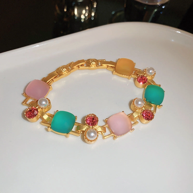 Wholesale Diamond and Pearl Square Buckle Bracelet Necklace and Earrings Set
