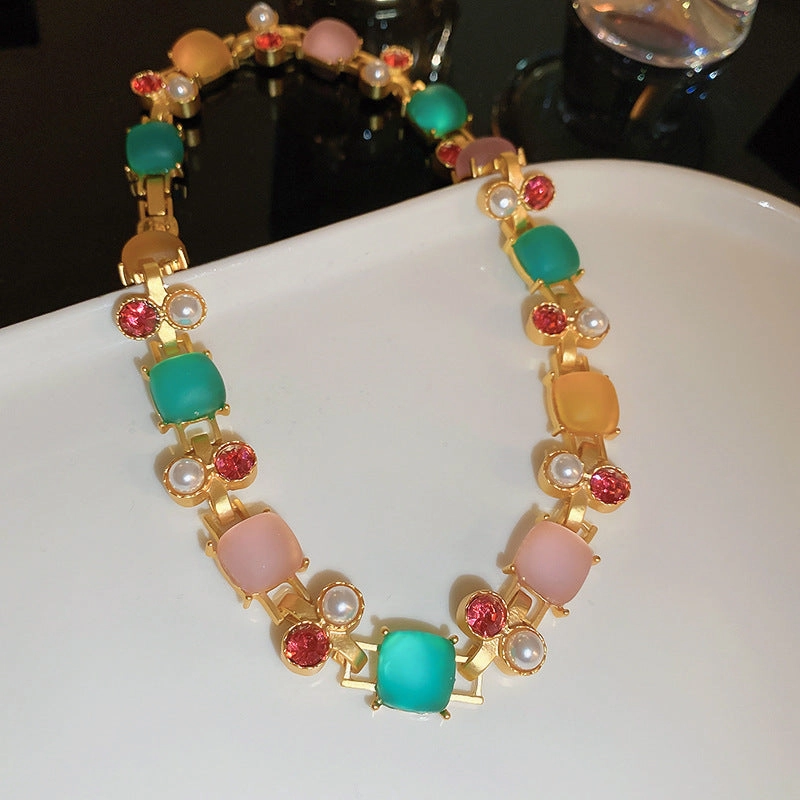 Wholesale Diamond and Pearl Square Buckle Bracelet Necklace and Earrings Set