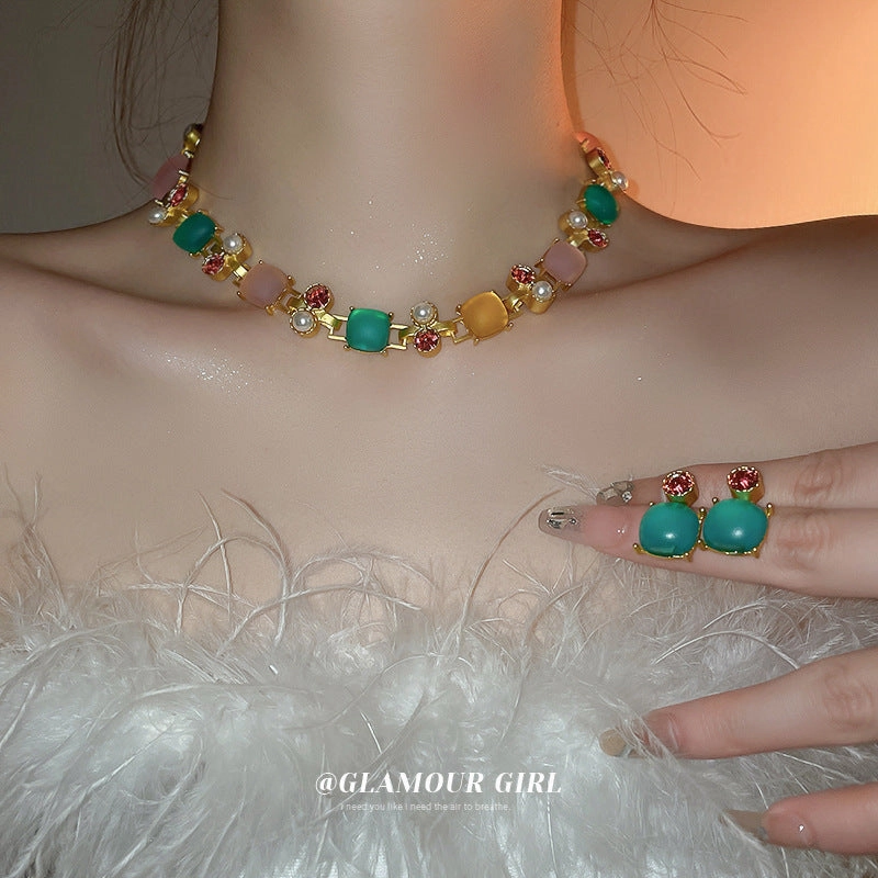 Wholesale Diamond and Pearl Square Buckle Bracelet Necklace and Earrings Set