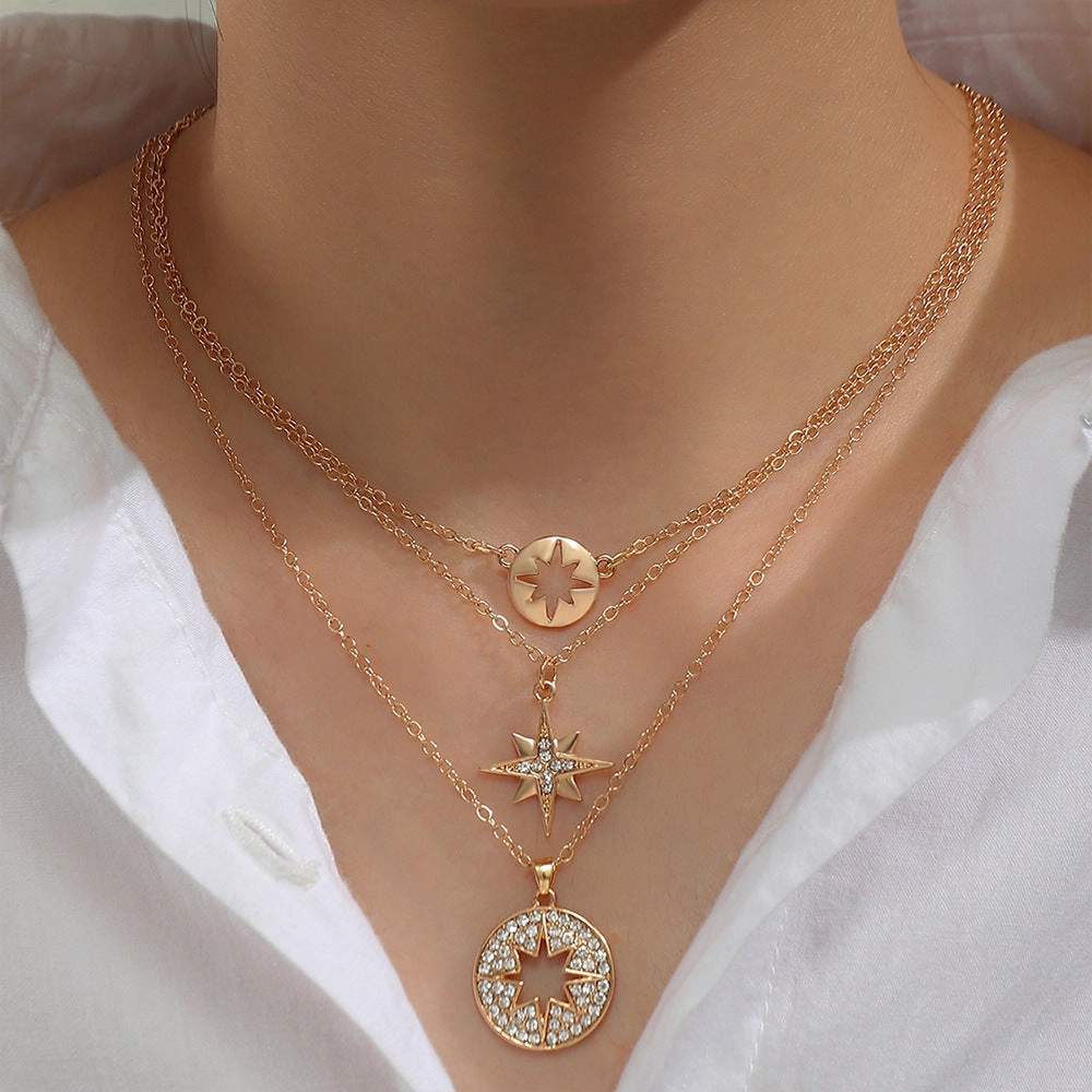 Wholesale diamond butterfly heart-shaped creative titanium steel necklace set and chain three-piece set