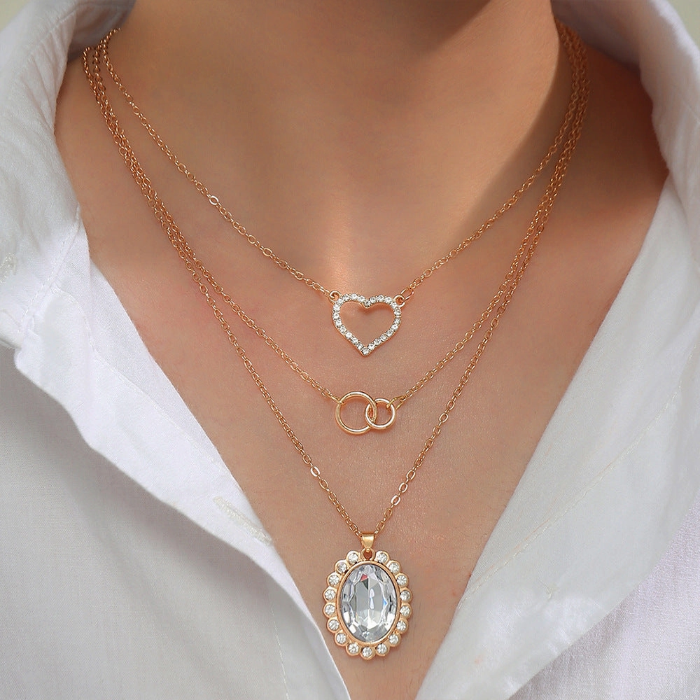 Wholesale diamond butterfly heart-shaped creative titanium steel necklace set and chain three-piece set