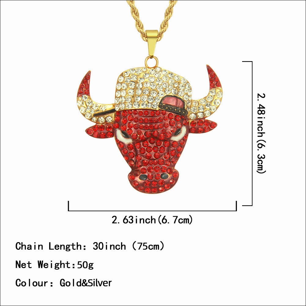Wholesale Diamond Domineering Bull Head Pendant Accessories Punk Men's Necklace