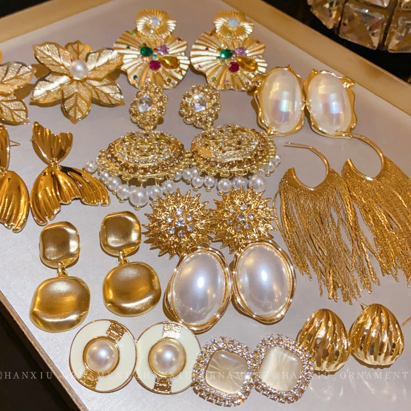 Wholesale Diamond Inlaid Flower Oval Pearl Alloy Earrings