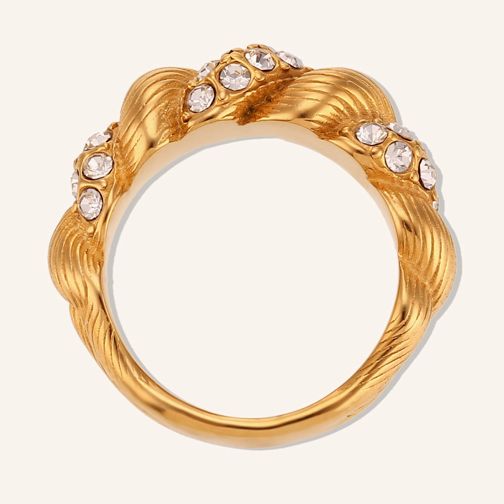 Wholesale Diamond Inlaid Fried Dough Twists Dome Antique Stainless Steel Gold Plated Ring
