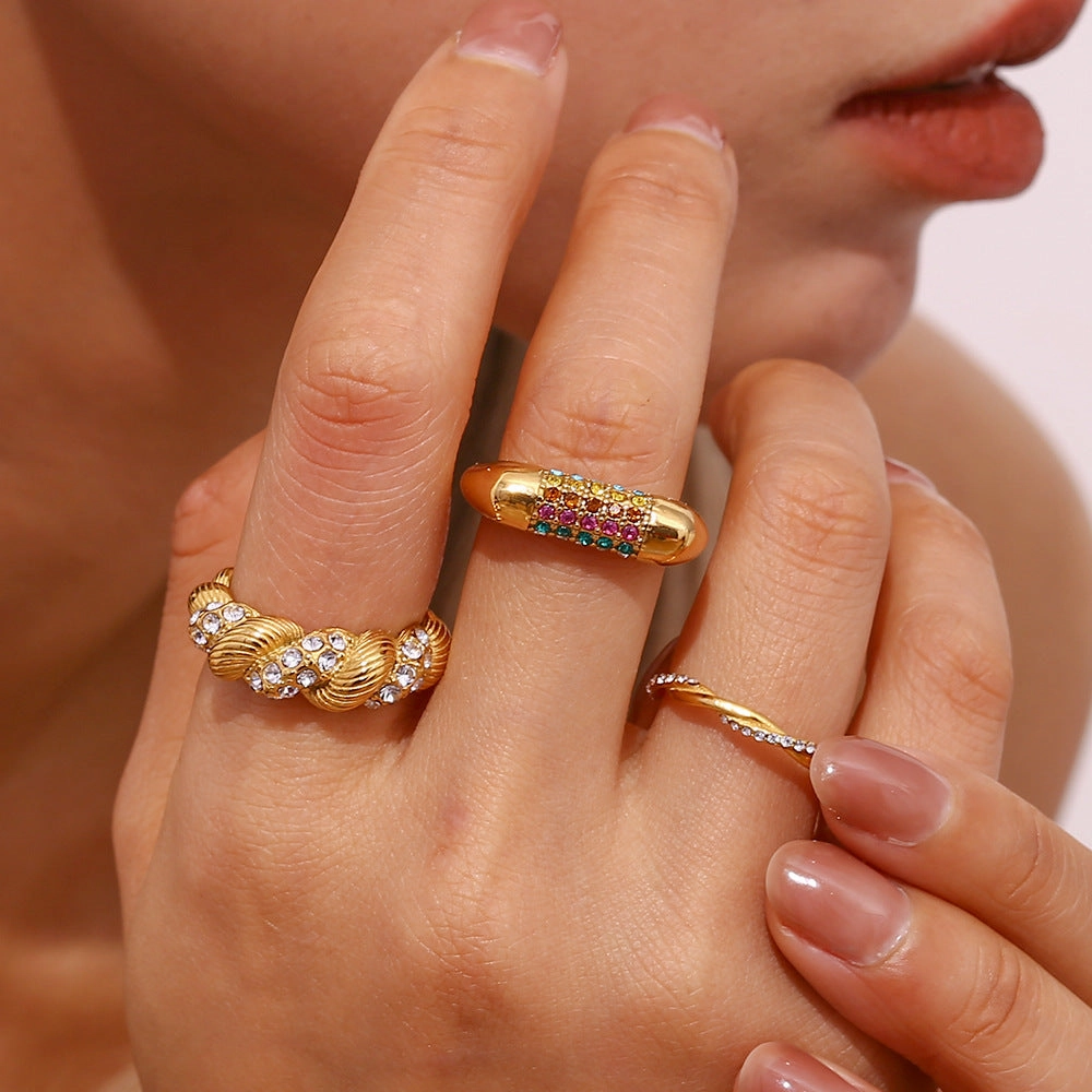 Wholesale Diamond Inlaid Fried Dough Twists Dome Antique Stainless Steel Gold Plated Ring