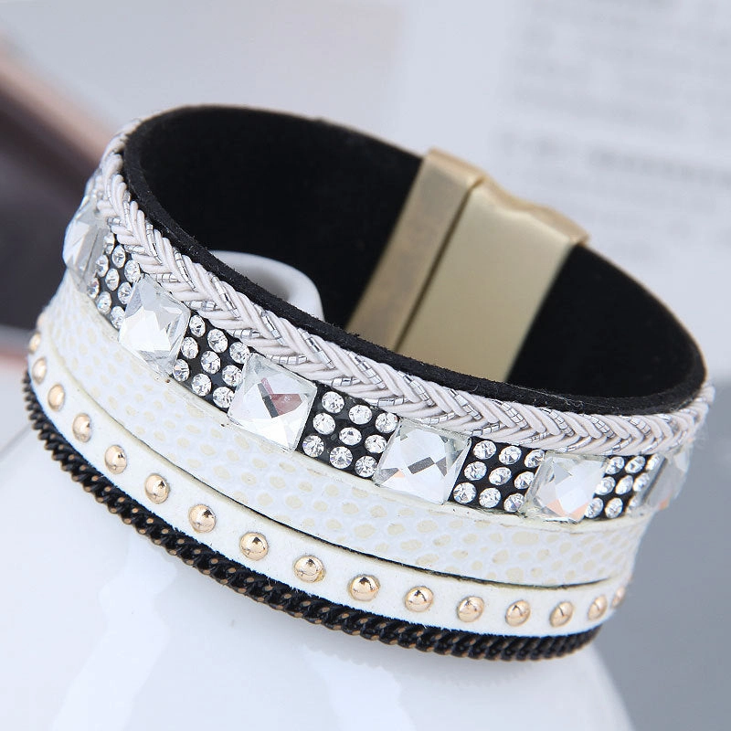 Wholesale Diamond Leather Magnetic Buckle Alloy Bracelet
