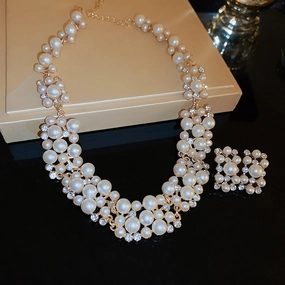 Wholesale Diamond Pearl Rectangular Earrings and Necklace Vintage Set