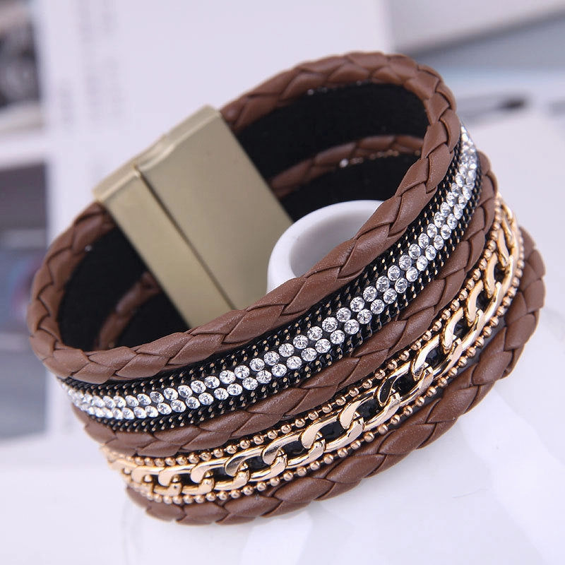 Wholesale Diamond Studded Leather Magnet Alloy Bracelet