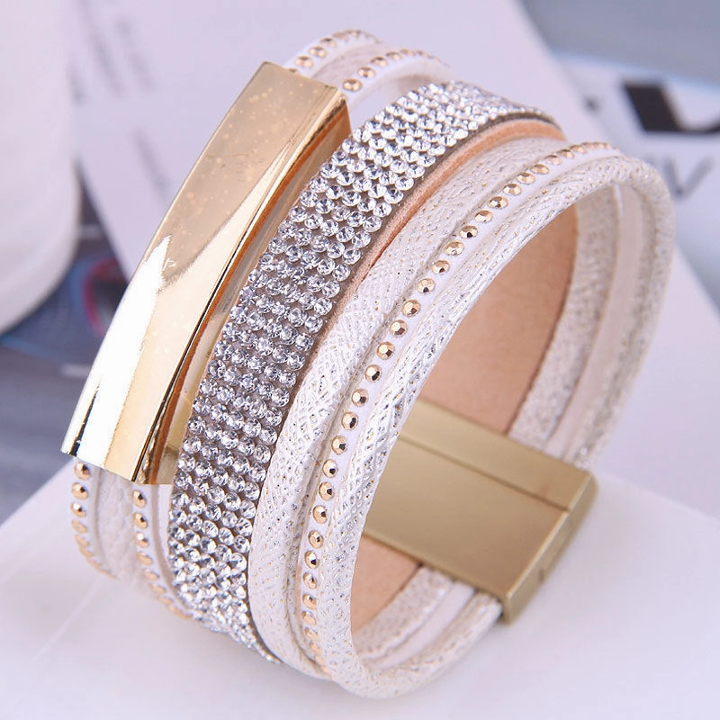 Wholesale Diamond Studded Leather Magnet Alloy Bracelet