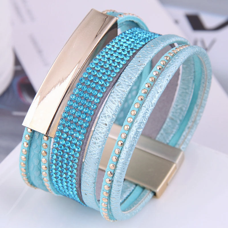 Wholesale Diamond Studded Leather Magnet Alloy Bracelet