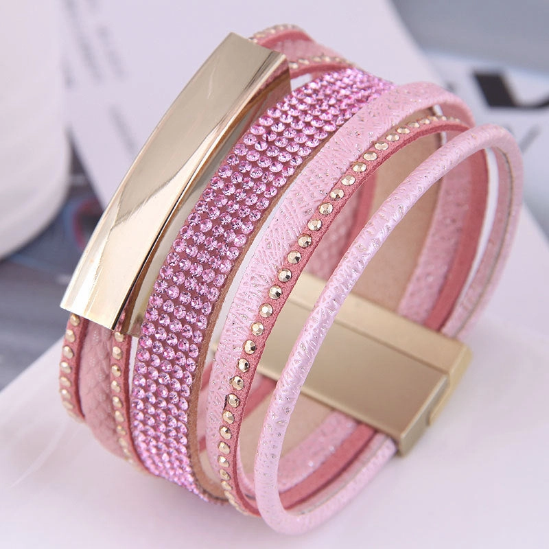 Wholesale Diamond Studded Leather Magnet Alloy Bracelet