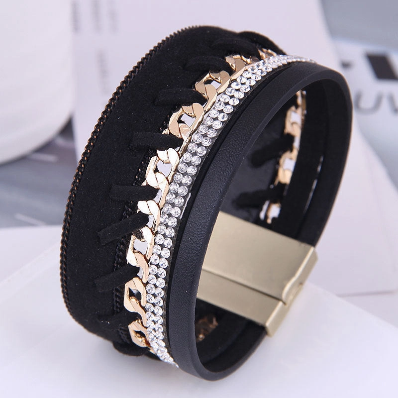 Wholesale Diamond Studded Leather Magnet Alloy Bracelet