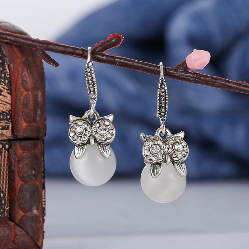 Wholesale Diamond-studded Opal Owl Alloy Earrings