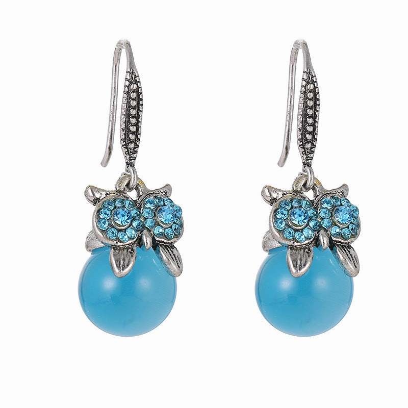 Wholesale Diamond-studded Opal Owl Alloy Earrings