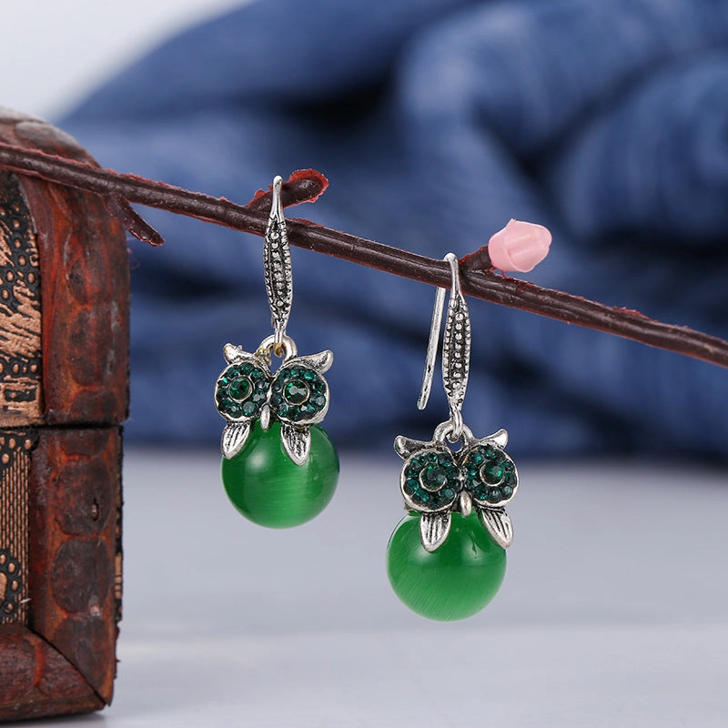 Wholesale Diamond-studded Opal Owl Alloy Earrings