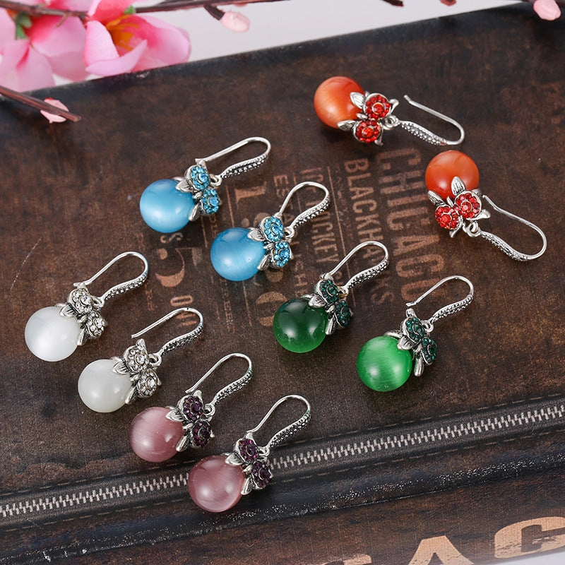 Wholesale Diamond-studded Opal Owl Alloy Earrings
