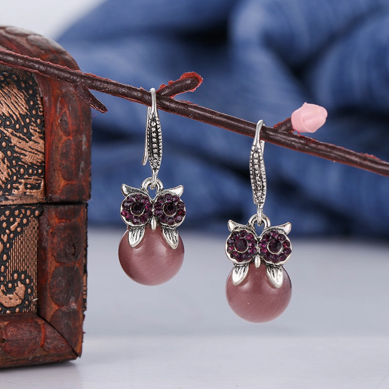 Wholesale Diamond-studded Opal Owl Alloy Earrings