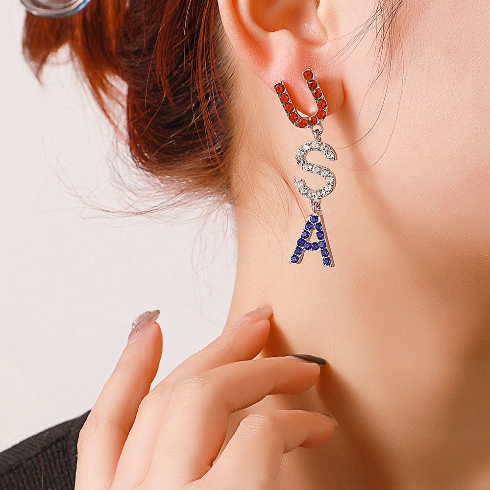 Wholesale Diamond USA Round Peace Flag Hat Color Alloy Earrings