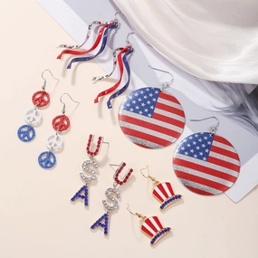 Wholesale Diamond USA Round Peace Flag Hat Color Alloy Earrings