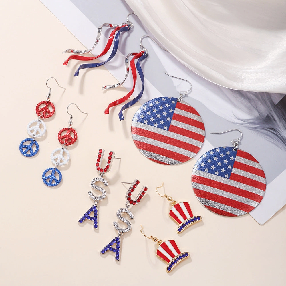 Wholesale Diamond USA Round Peace Flag Hat Color Alloy Earrings