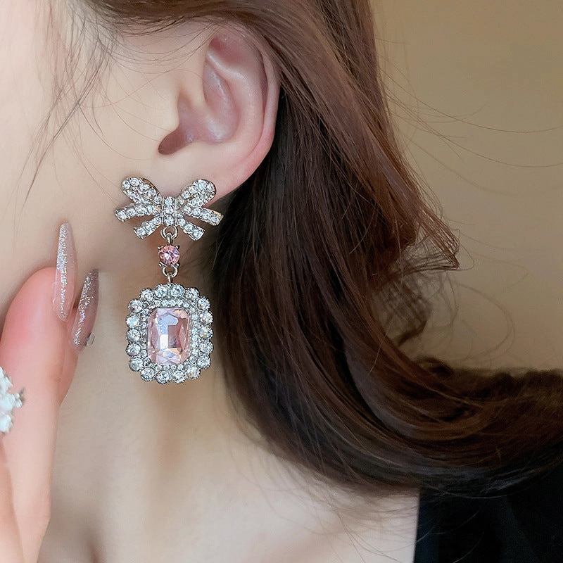 Wholesale Diamond Zirconia Square Bow Earrings and Necklace Set
