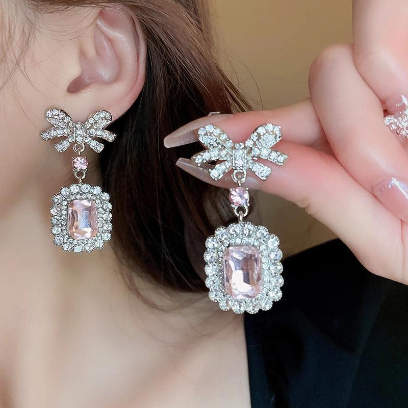Wholesale Diamond Zirconia Square Bow Earrings and Necklace Set