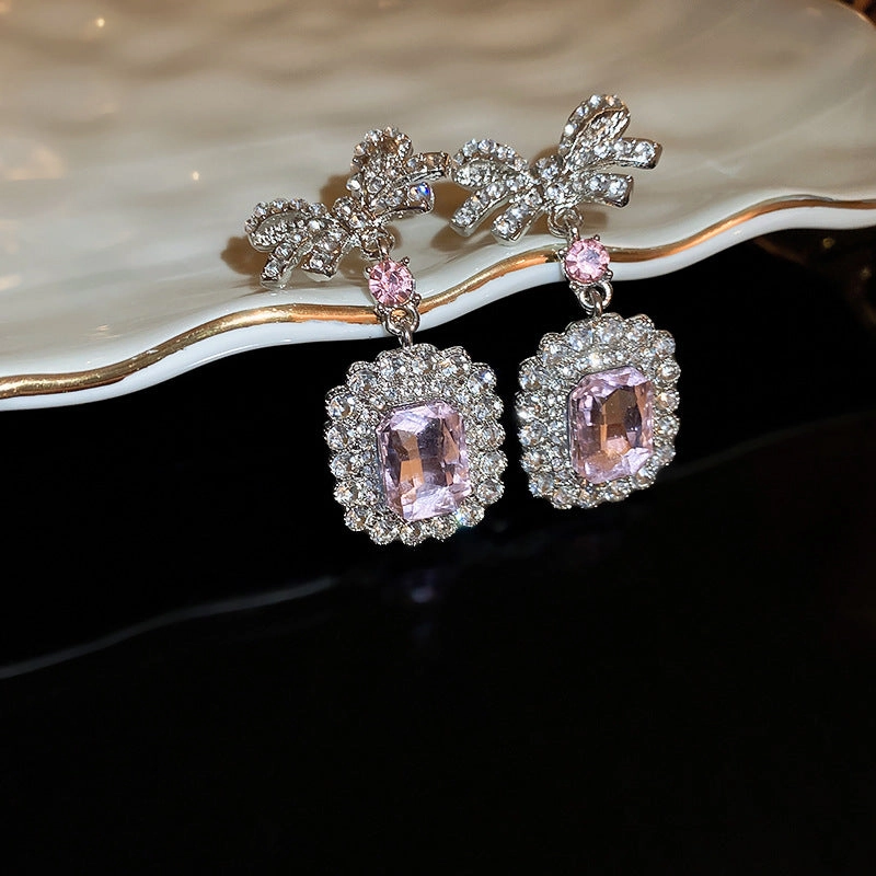 Wholesale Diamond Zirconia Square Bow Earrings and Necklace Set