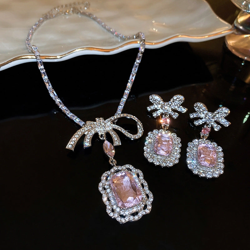 Wholesale Diamond Zirconia Square Bow Earrings and Necklace Set