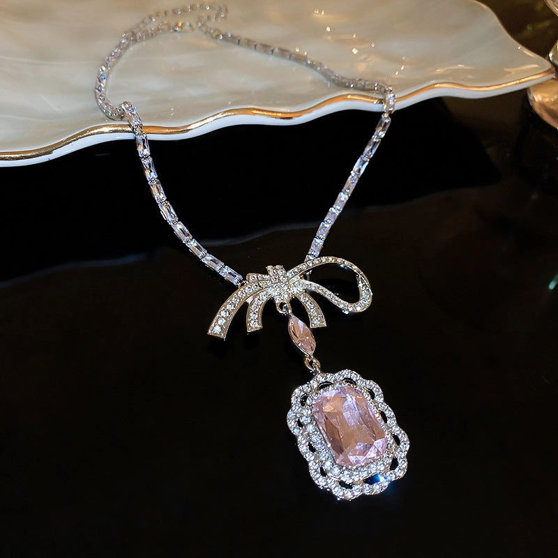 Wholesale Diamond Zirconia Square Bow Earrings and Necklace Set