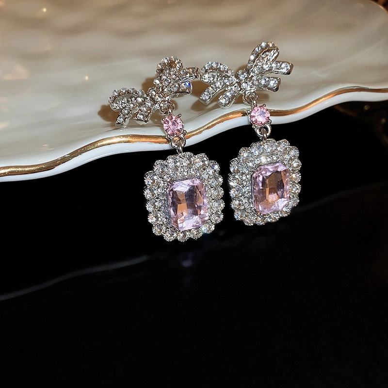 Wholesale Diamond Zirconia Square Bow Earrings and Necklace Set