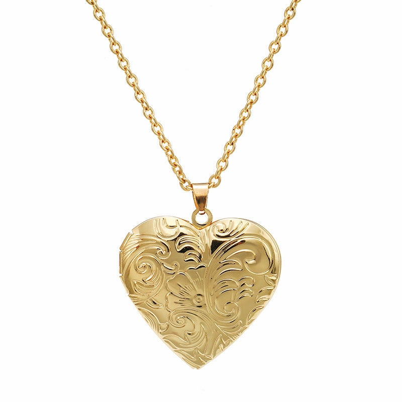 Wholesale Diy Accessories Photo Box Heart-shaped Engraved Pattern Openable Pendant Necklace