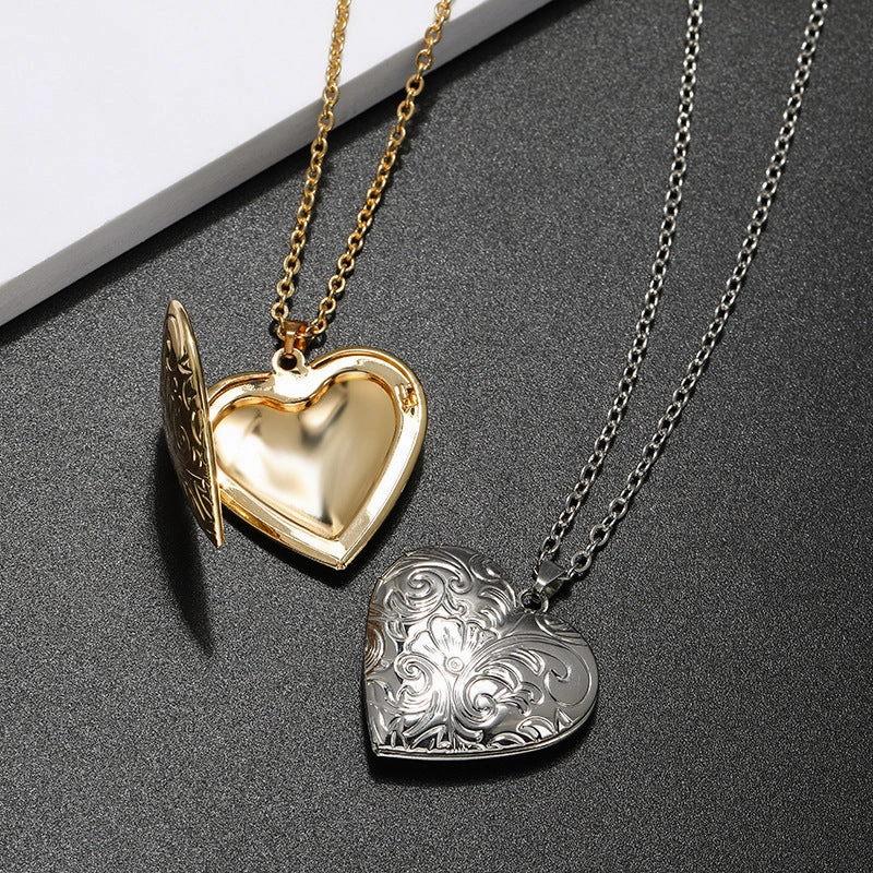 Wholesale Diy Accessories Photo Box Heart-shaped Engraved Pattern Openable Pendant Necklace