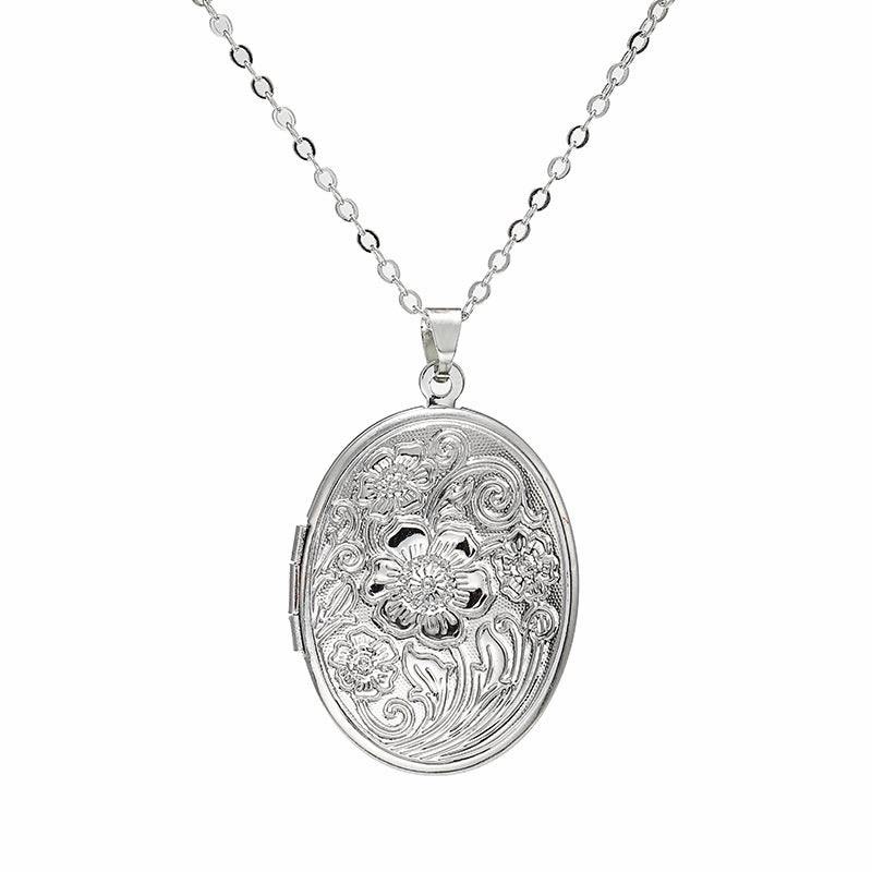 Wholesale Diy Accessories Photo Box Oval Engraved Pattern Openable Pendant Necklace