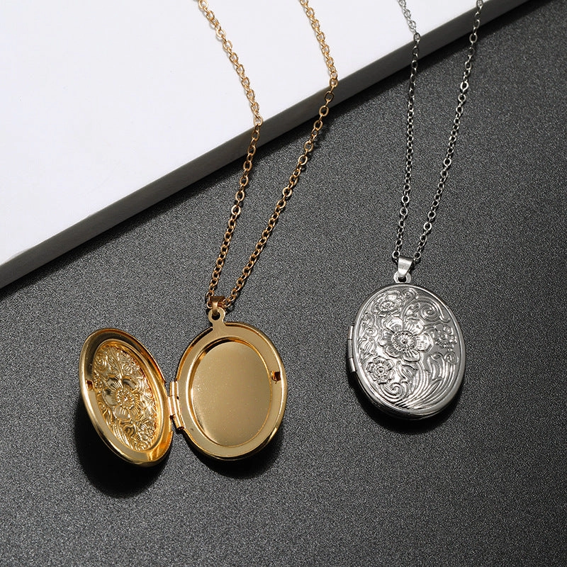 Wholesale Diy Accessories Photo Box Oval Engraved Pattern Openable Pendant Necklace