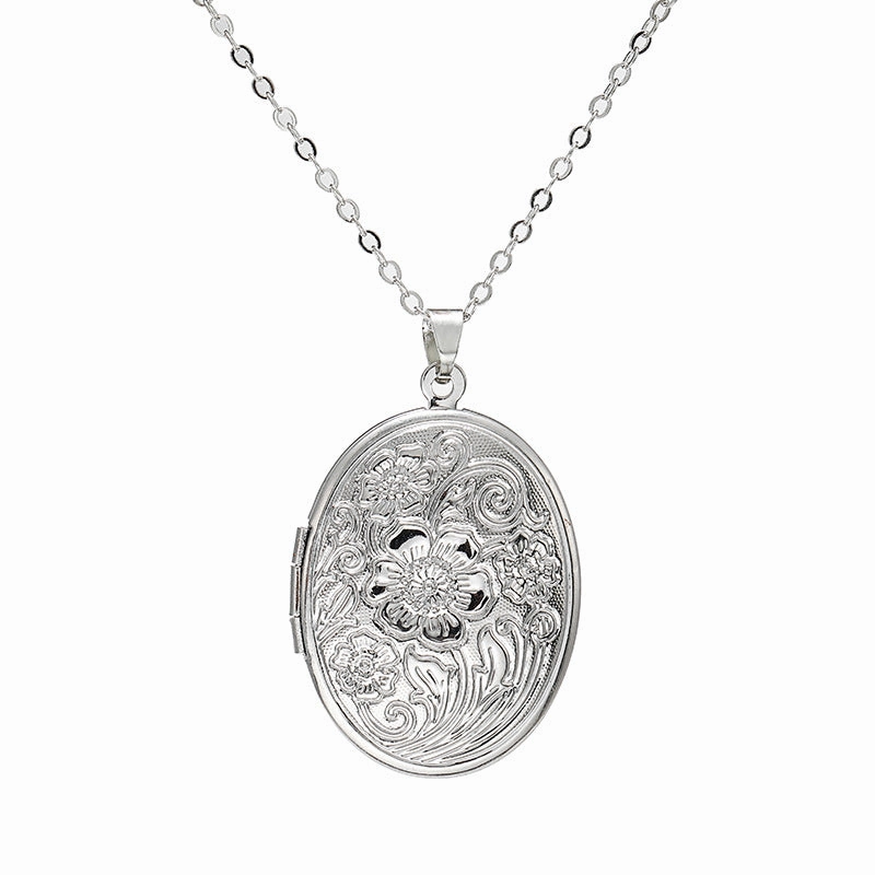 Wholesale Diy Accessories Photo Box Oval Engraved Pattern Openable Pendant Necklace