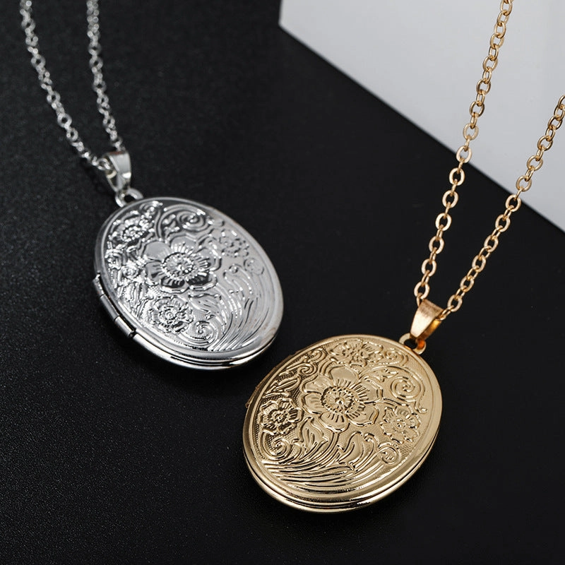 Wholesale Diy Accessories Photo Box Oval Engraved Pattern Openable Pendant Necklace