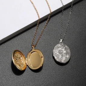 Wholesale Diy Accessories Photo Box Oval Engraved Pattern Openable Pendant Necklace