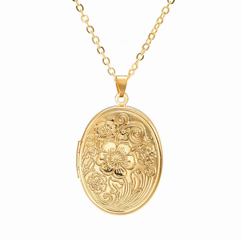 Wholesale Diy Accessories Photo Box Oval Engraved Pattern Openable Pendant Necklace